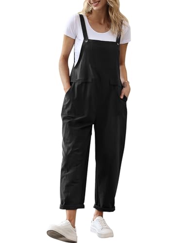 YESNO Damen Latzhose Sommer Oversize Trägerhose Beiläufig Loose Bib Pants Overall Baggy Jumpsuit Strampler Sommerhose mit Träger (L PV9DE Schwarz)