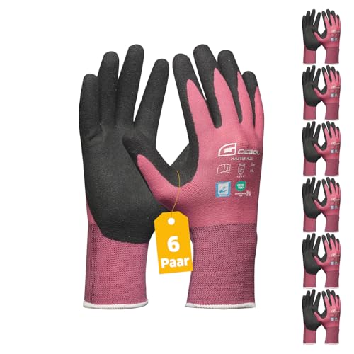 Gebol Master Flex Lady, Arbeitshandschuhe mit PPU-Nitril-Beschichtung, Nitrilhandschuhe dermatologisch getestet, Gartenhandschuhe mit Grip für Damen, Größe S (Gr 7), Rosa, 6 Paar Multipack