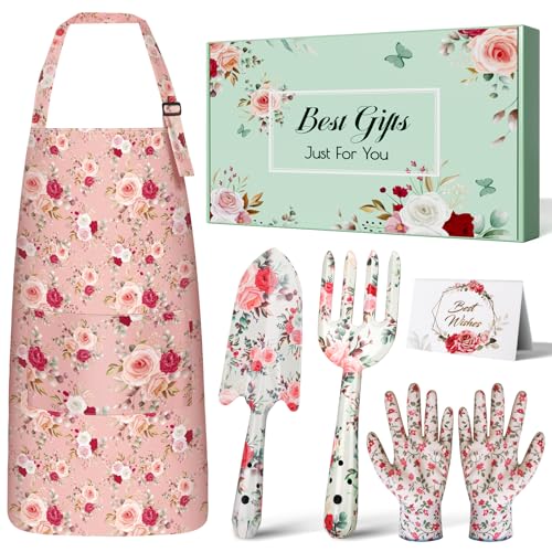 Garten Geschenke für Frauen, Gartenwerkzeug Set, Linkax 6 Stück Garten Werkzeug mit Schürze, Handschuhe und Gartengeräte Set, Muttertagsgeschenke für Mama Oma Gärtner Gartenliebhaber